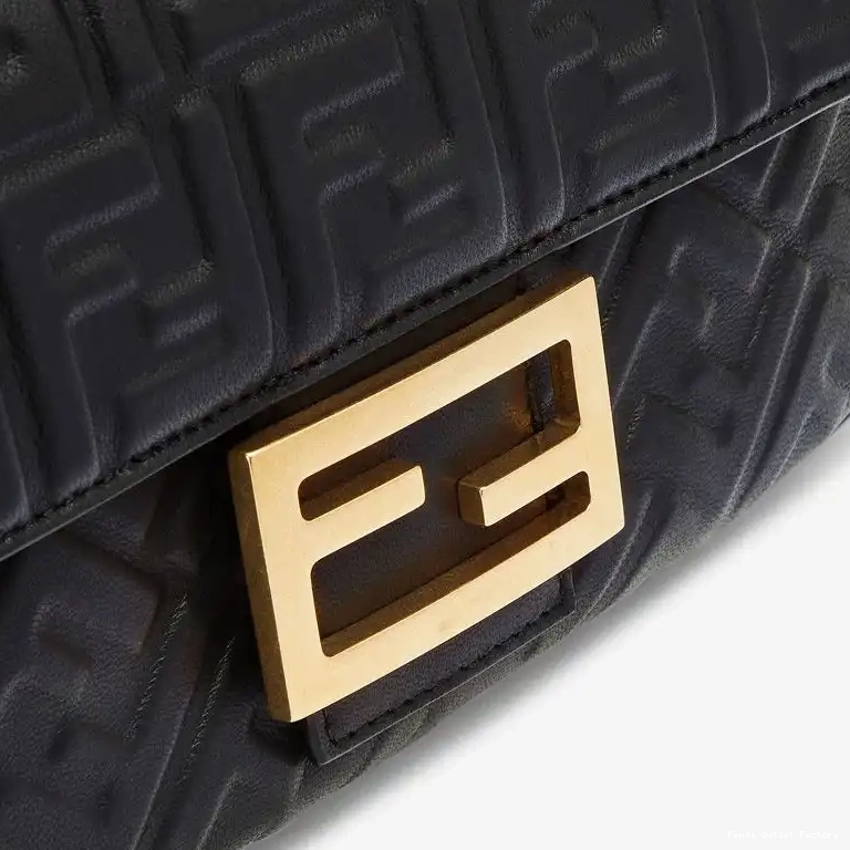 Cheap HOT Midi Black Leather Nappa Motif Chain Fendi In Baguette FF Bag 0525